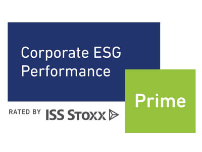 ISS ESG text with large grey letters, the E highlighted in green, followed by a grey geometric triangular arrow shape.