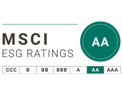 MSCI ESG Ratings scale from CCC to AAA, with the A rating highlighted in orange. No heat treatment or processing shown.