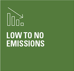 White downward bar chart icon with arrow above "LOW TO NO EMISSIONS" text on a green background.