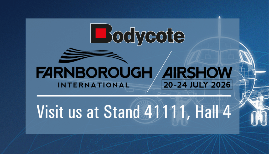 Bodycote banner for Farnborough International Airshow 2026 with aeroplane blueprint and text: Stand 41111, Hall 4.