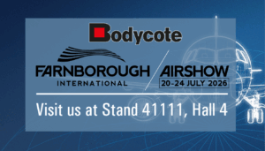 Bodycote banner for Farnborough International Airshow 2026 with aeroplane blueprint and text: Stand 41111, Hall 4.